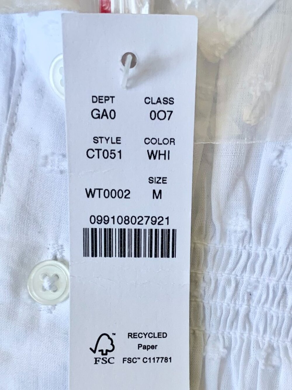 NWT J. Crew Short Sleeve Smocked Button Front Shirt (CT051), White, Medium - Picture 14 of 14